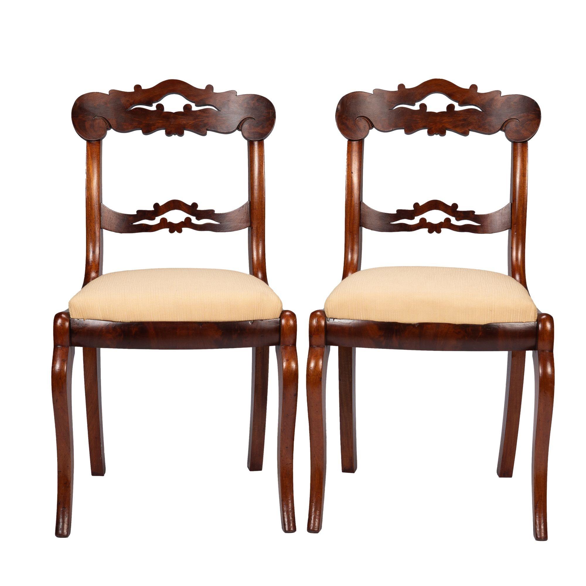 Pair of American mahogany and figured mahogany veneered late Classical upholstered slip seat side chairs. The chairs feature a shaped & pierced crest rail and back rail. Chestnut secondary wood.

American, Boston, circa 1830-45.

Dimensions: 18” W x
