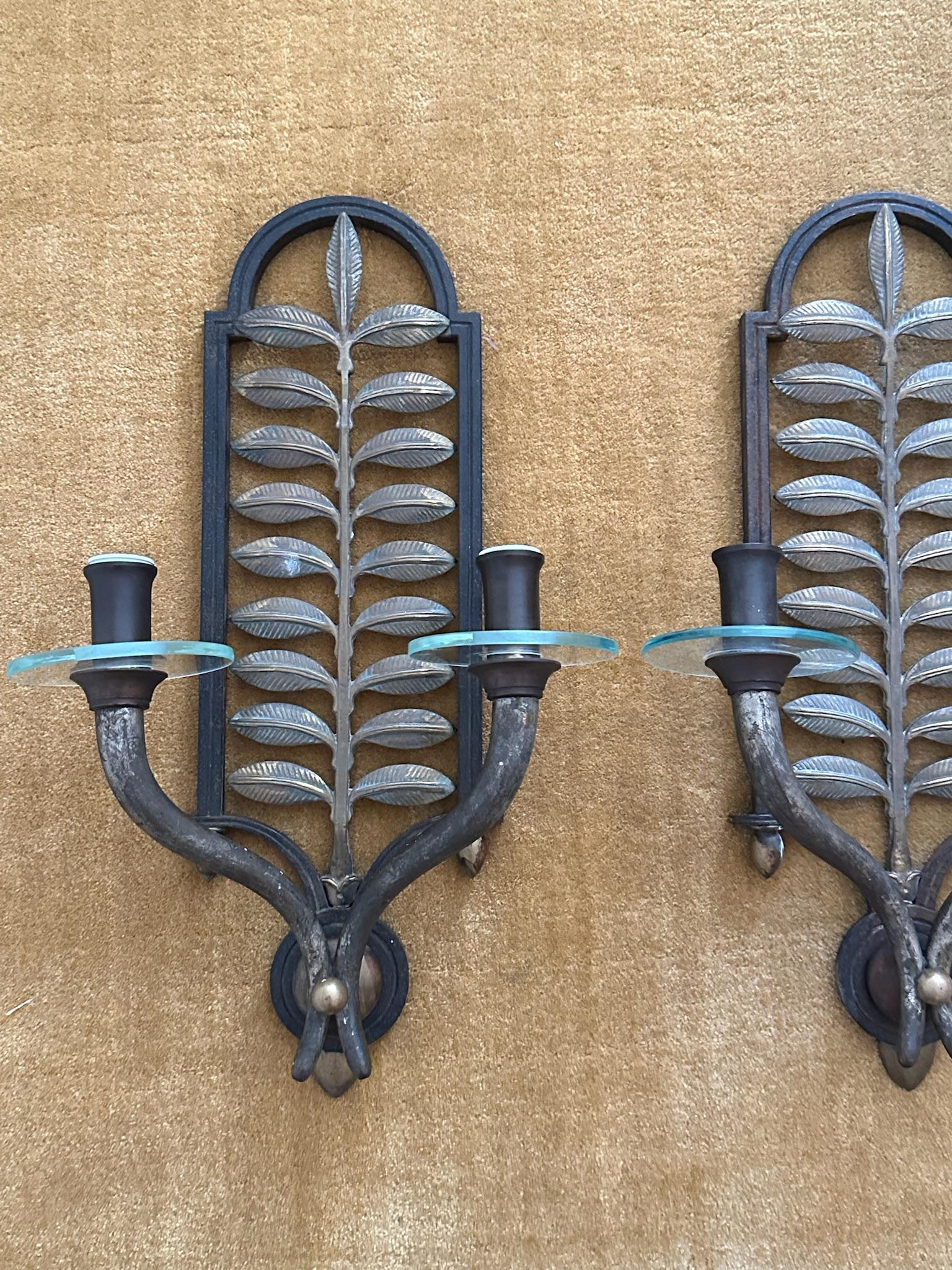 Mid-20th Century Pair of Botanical Bronze Sconces