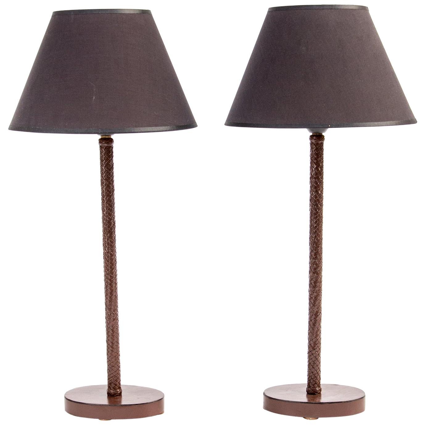 Pair of Bottega Veneta Table Lamps. Leather Braid