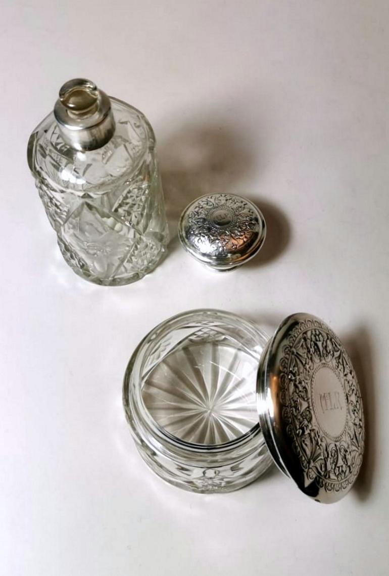 Victorian Pair of Bottle and Vanity Box Cut Crystal and Chiseled Silver, Spain For Sale