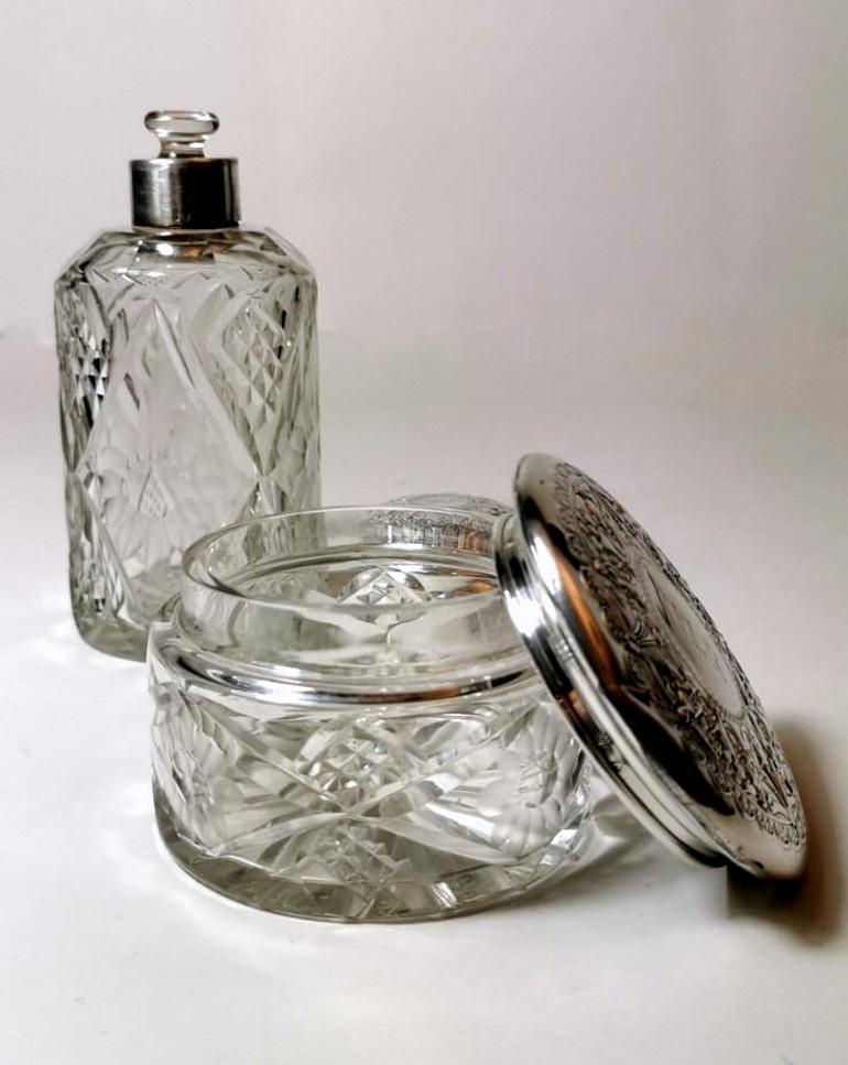 Spanish Pair of Bottle and Vanity Box Cut Crystal and Chiseled Silver, Spain For Sale