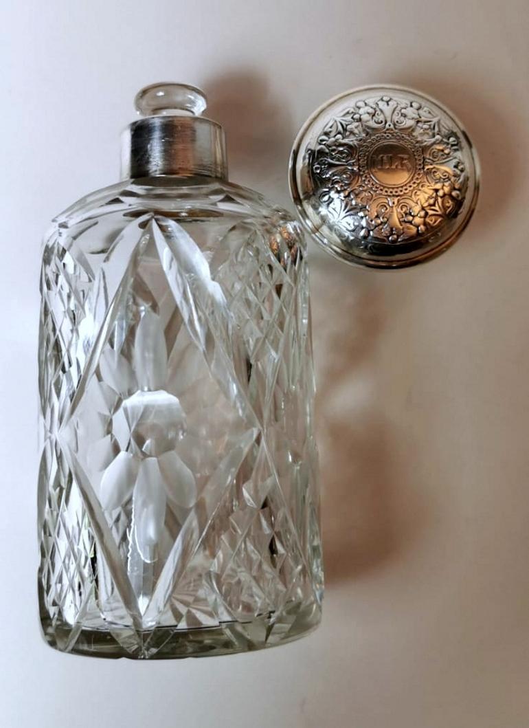 Hand-Crafted Pair of Bottle and Vanity Box Cut Crystal and Chiseled Silver, Spain For Sale