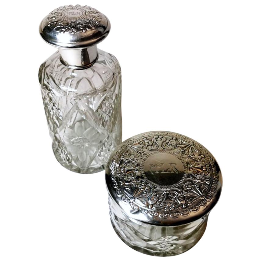 Pair of Bottle and Vanity Box Cut Crystal and Chiseled Silver, Spain For Sale
