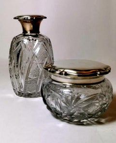 Pair of Bottle and Vanity Box Cut Crystal and Silver, Spain