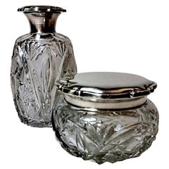 Pair of Bottle and Vanity Box Cut Crystal and Silver, Spain