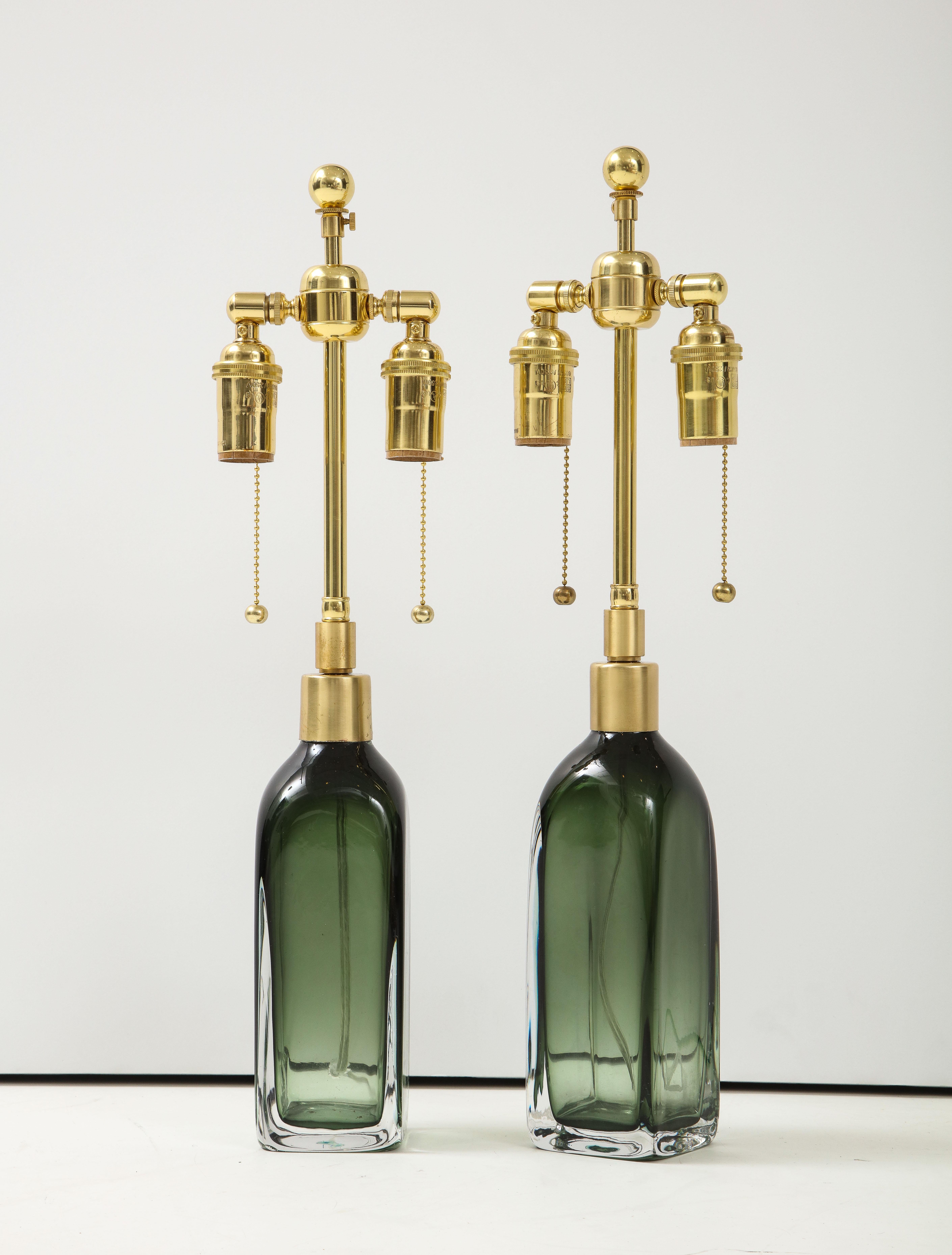 Scandinavian Modern Pair of Bottle Green Crystal Lamps by Orrefors For Sale