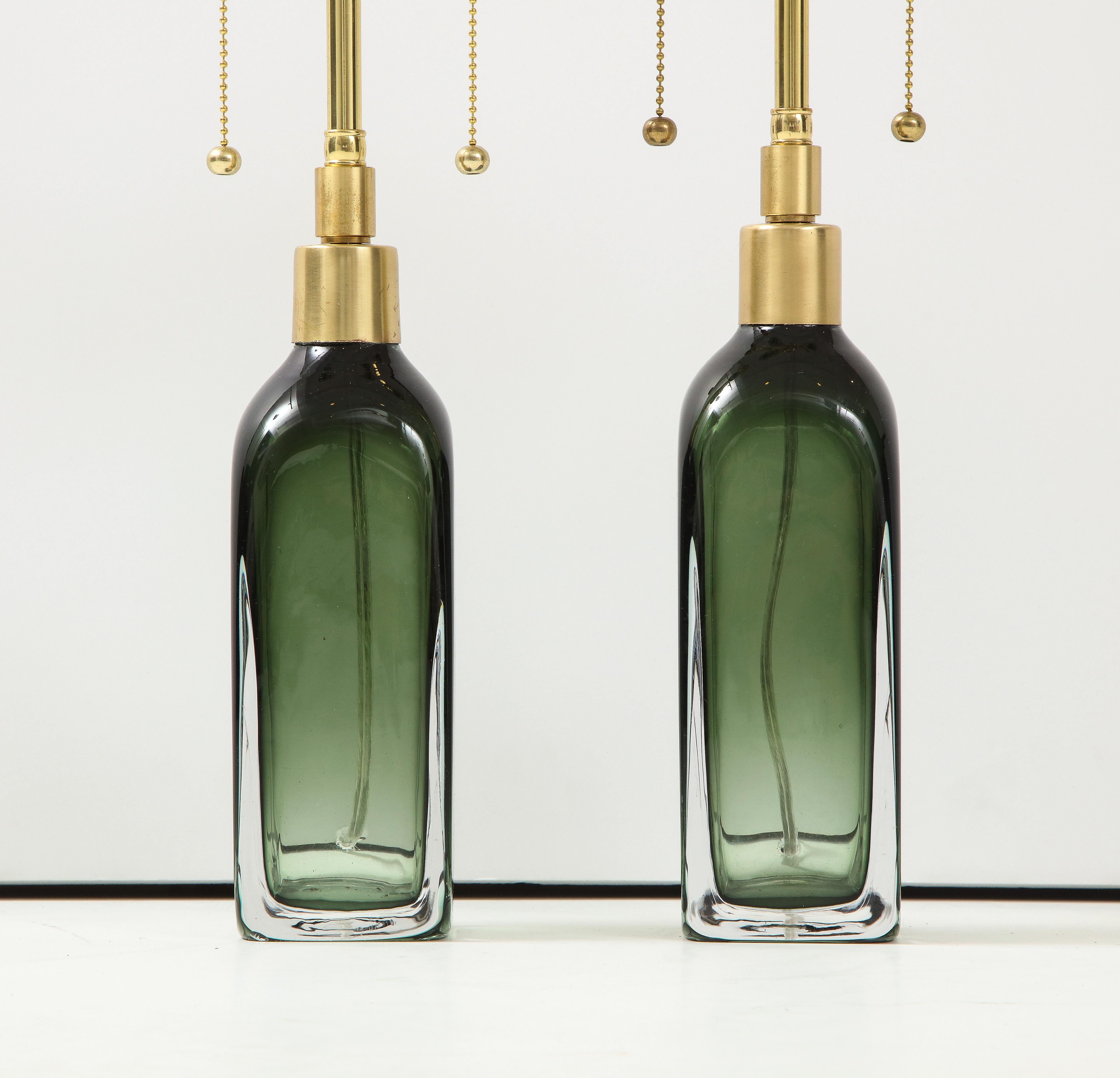 Swedish Pair of Bottle Green Crystal Lamps by Orrefors For Sale