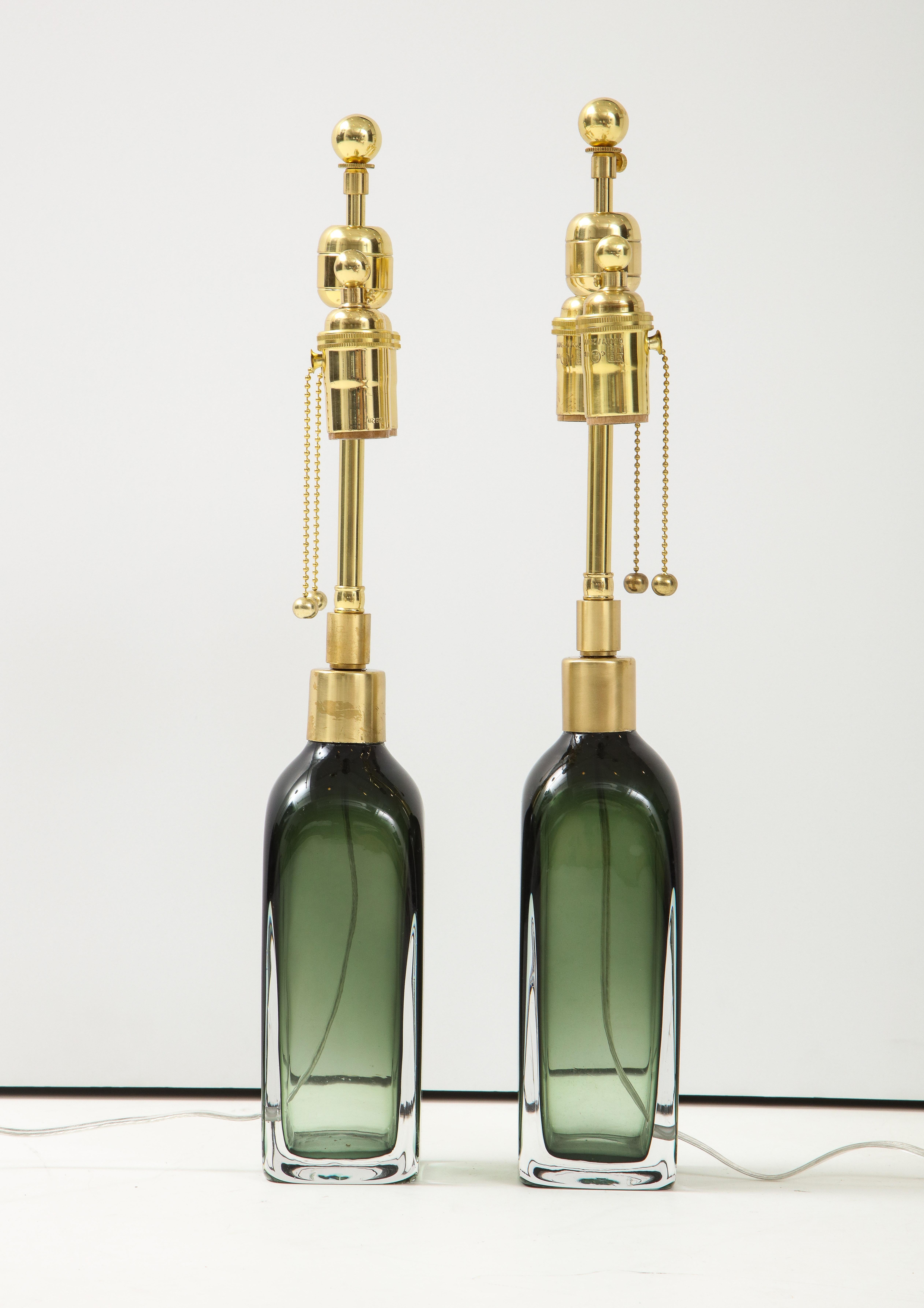 Late 20th Century Pair of Bottle Green Crystal Lamps by Orrefors For Sale