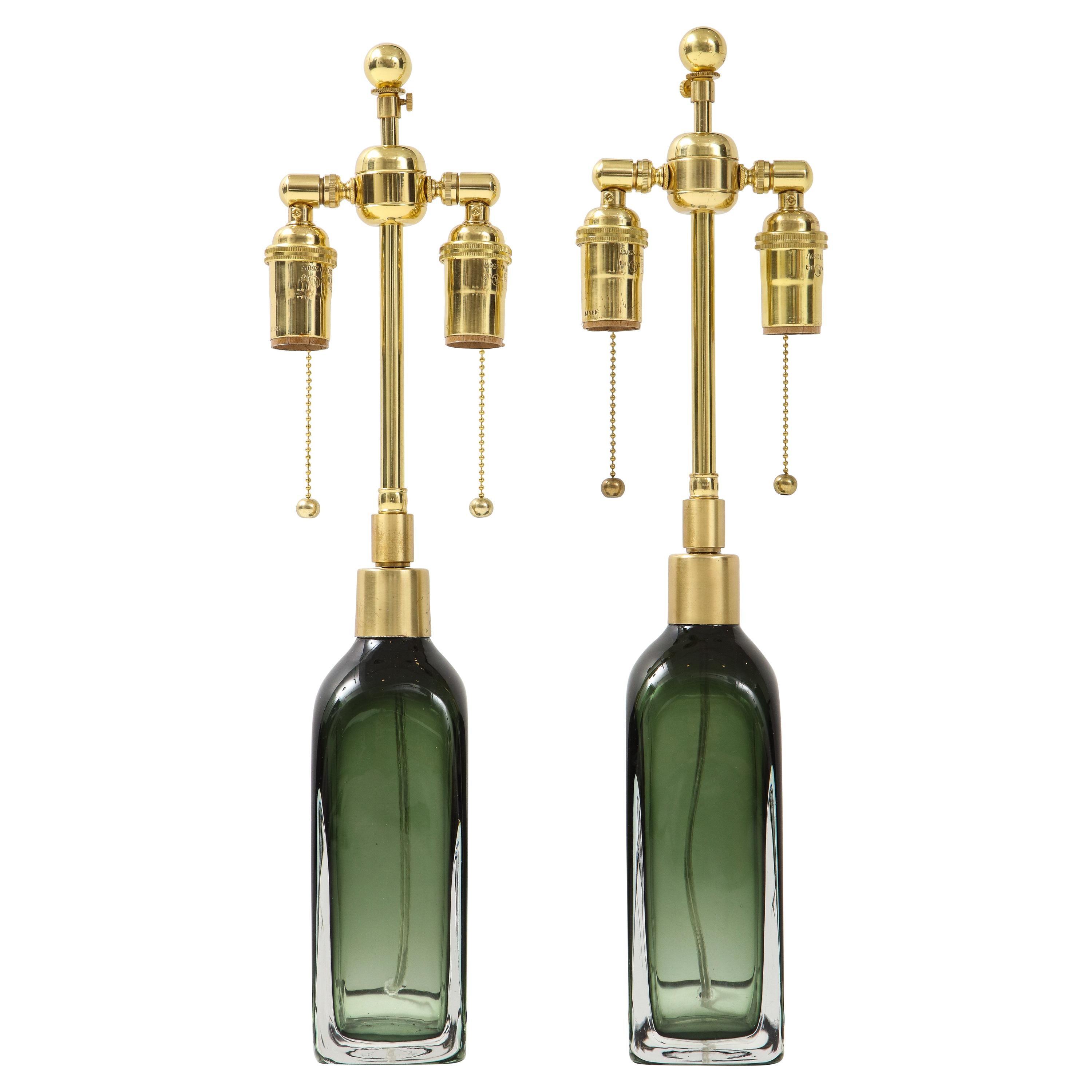 Pair of Bottle Green Crystal Lamps by Orrefors