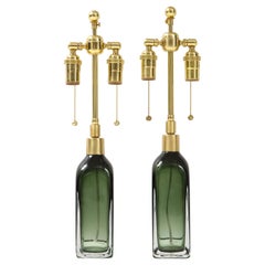 Retro Pair of Bottle Green Crystal Lamps by Orrefors