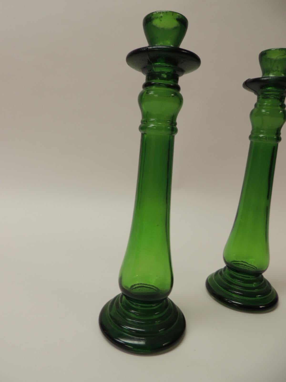Mid-Century Modern Pair of Bottle Emerald Green Handcrafted Italian Candleholders