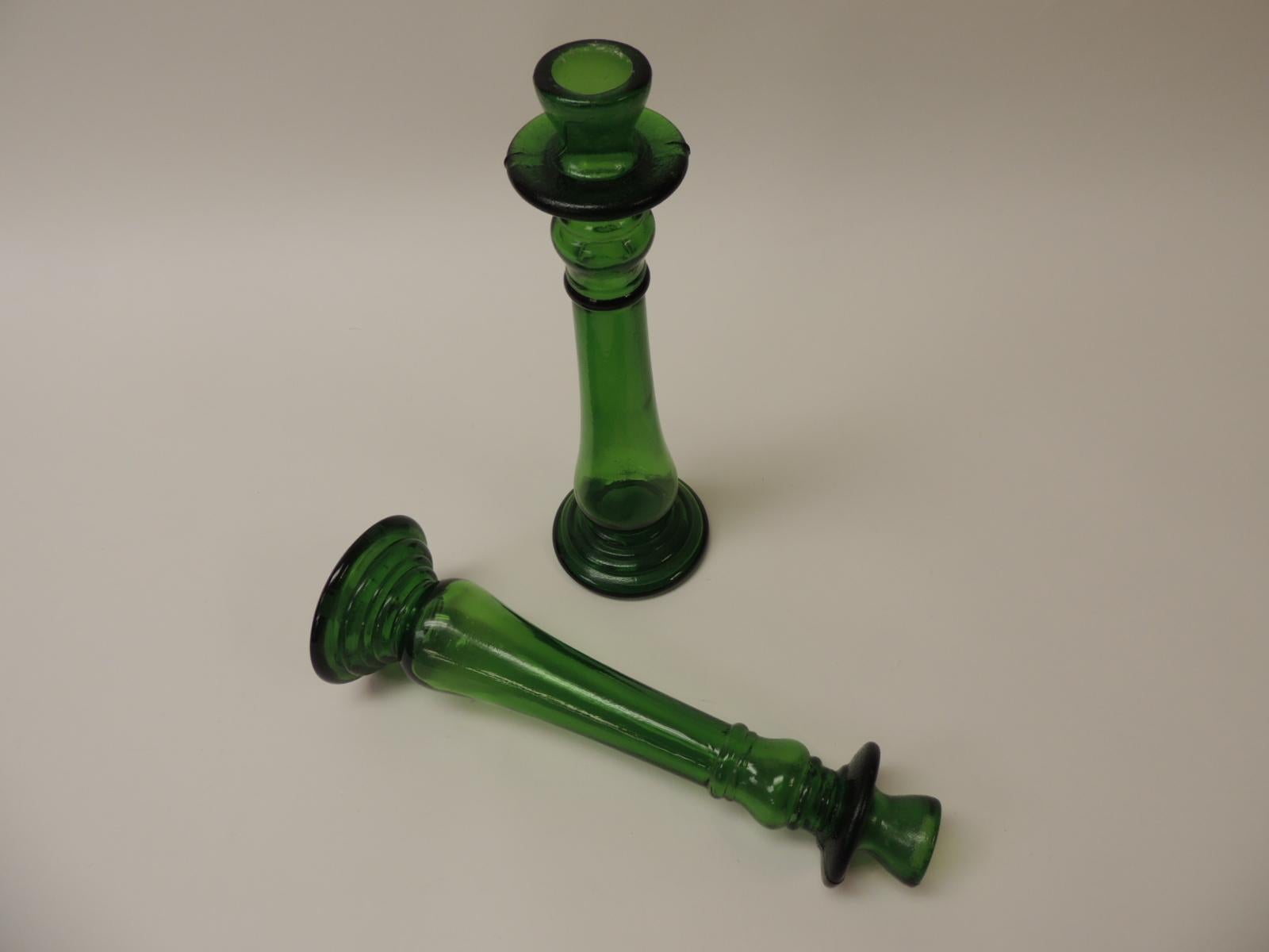 Hand-Crafted Pair of Bottle Emerald Green Handcrafted Italian Candleholders