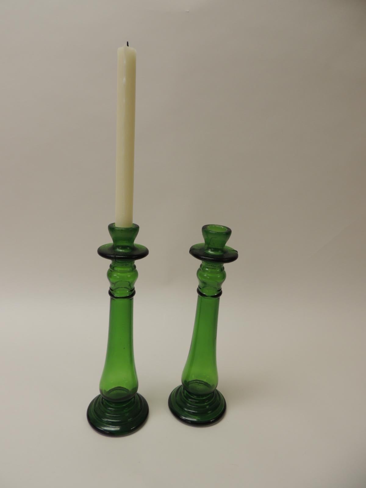 Pair of Bottle Emerald Green Handcrafted Italian Candleholders In Good Condition In Oakland Park, FL