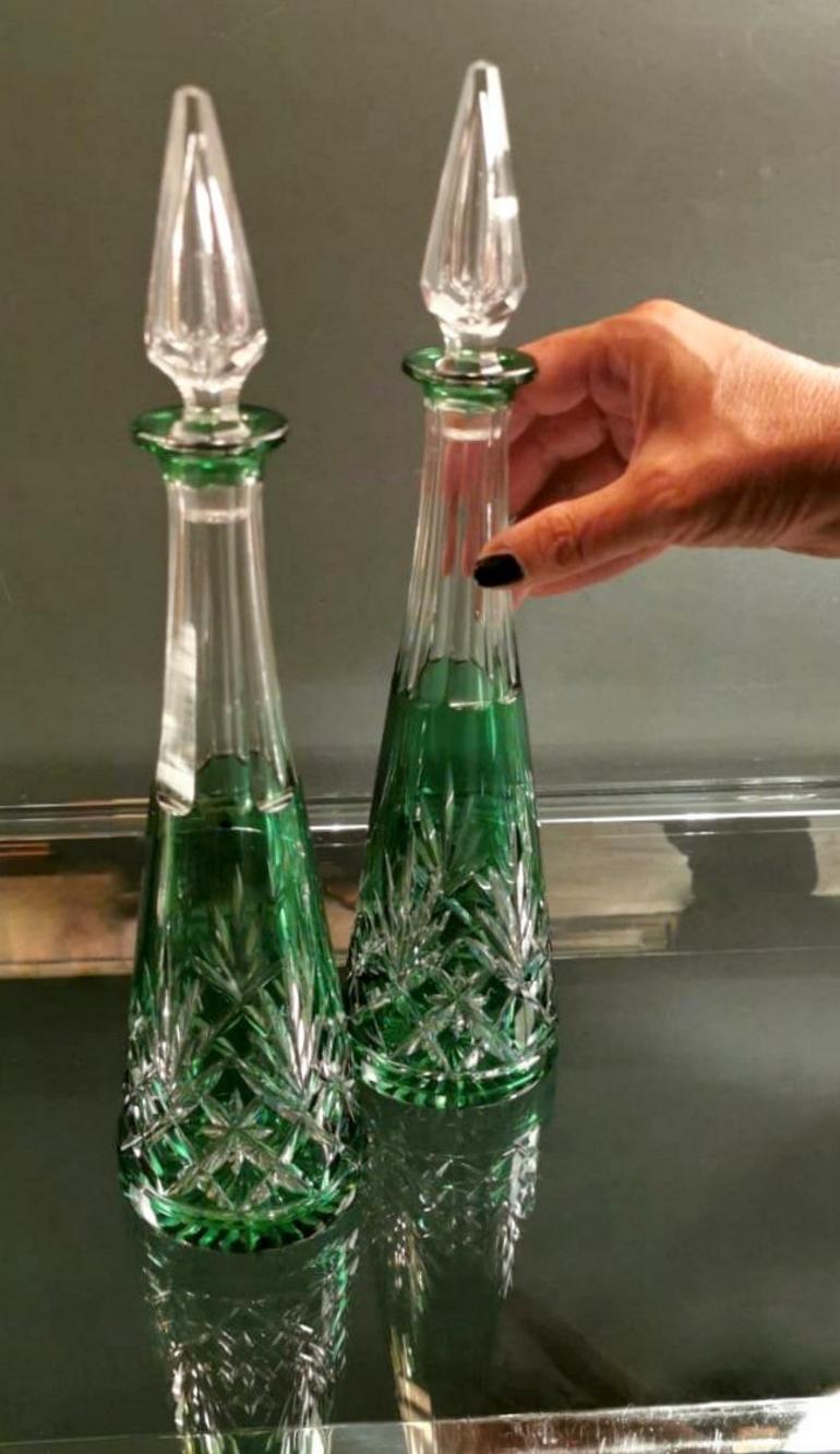 Pair of French  Green Lead and Handcut Crystal Decanter   5