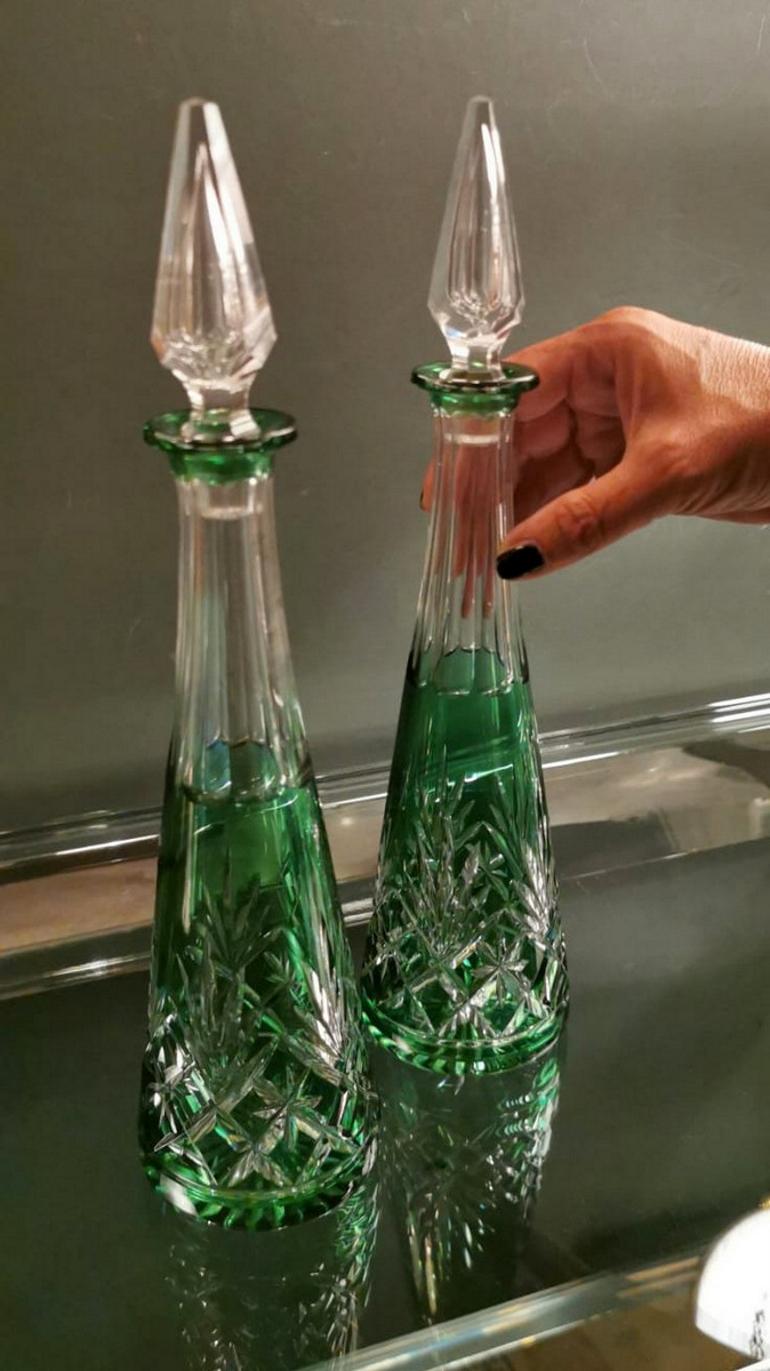Pair of French  Green Lead and Handcut Crystal Decanter   6