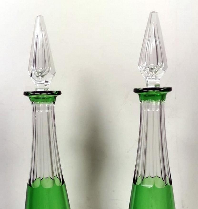 Hand-Carved Pair of French  Green Lead and Handcut Crystal Decanter  