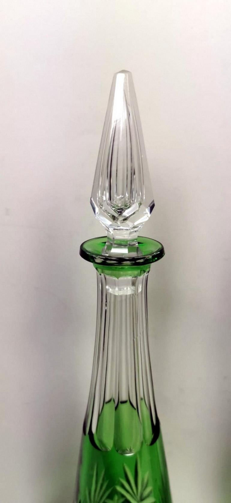 Cut Glass Pair of French  Green Lead and Handcut Crystal Decanter  