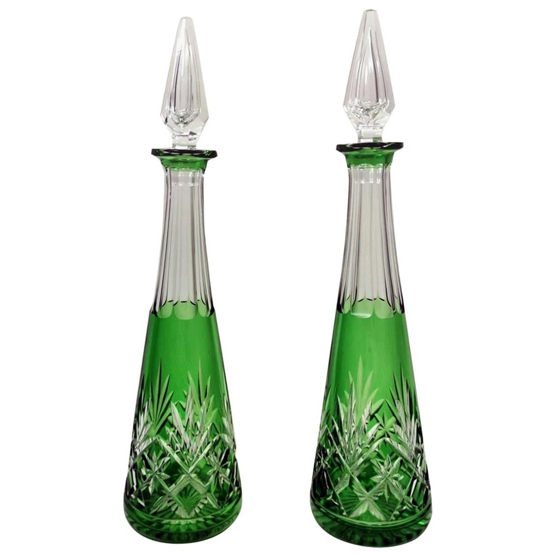 Pair of French  Green Lead and Handcut Crystal Decanter