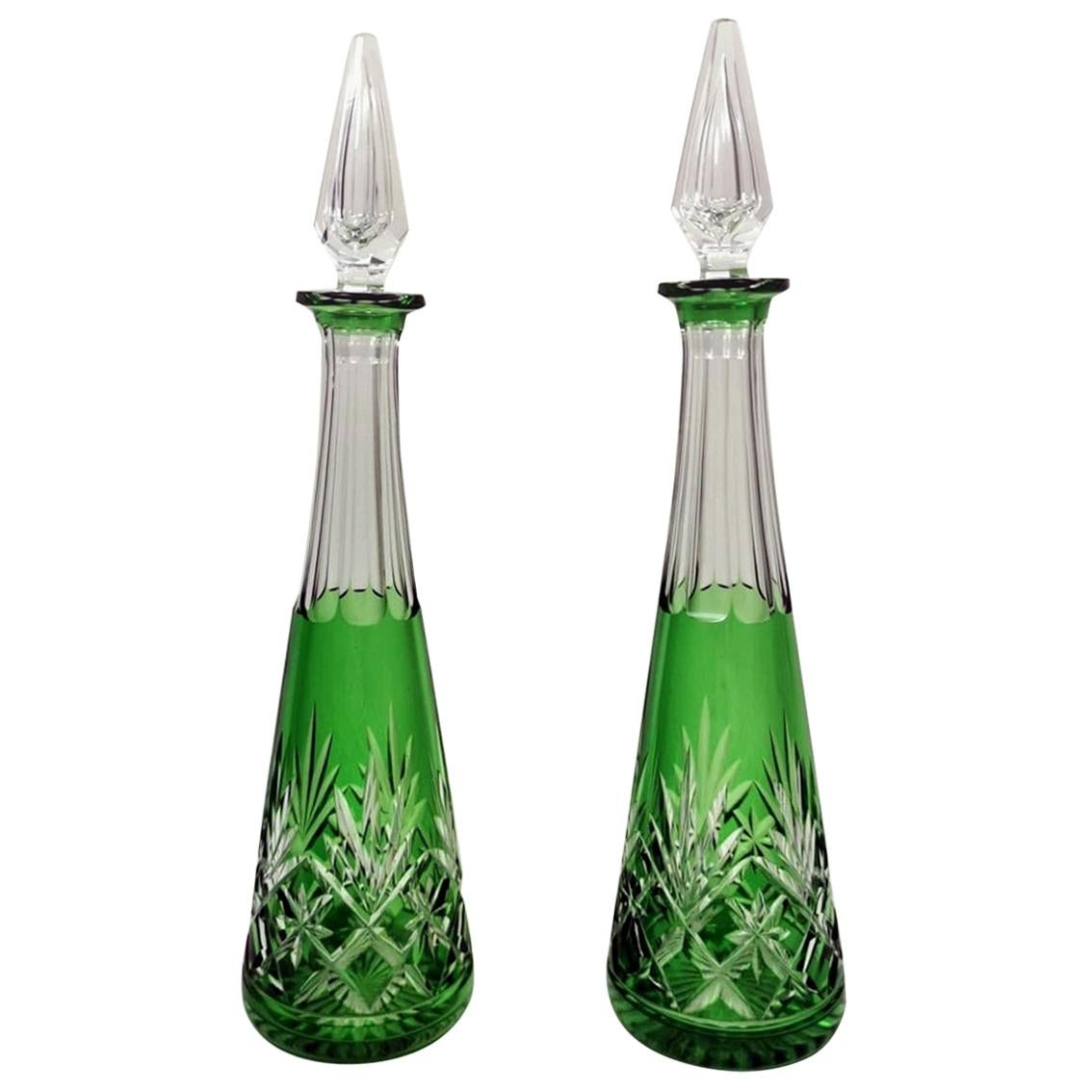 Pair of French  Green Lead and Handcut Crystal Decanter  