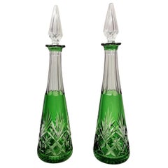 Pair of French  Green Lead and Handcut Crystal Decanter  