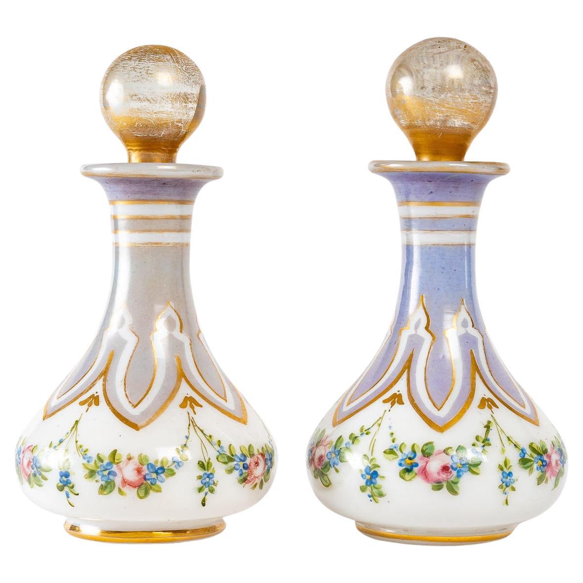 Pair of Bottles in Painted and Gilded Opaline, Napoleon III period For Sale