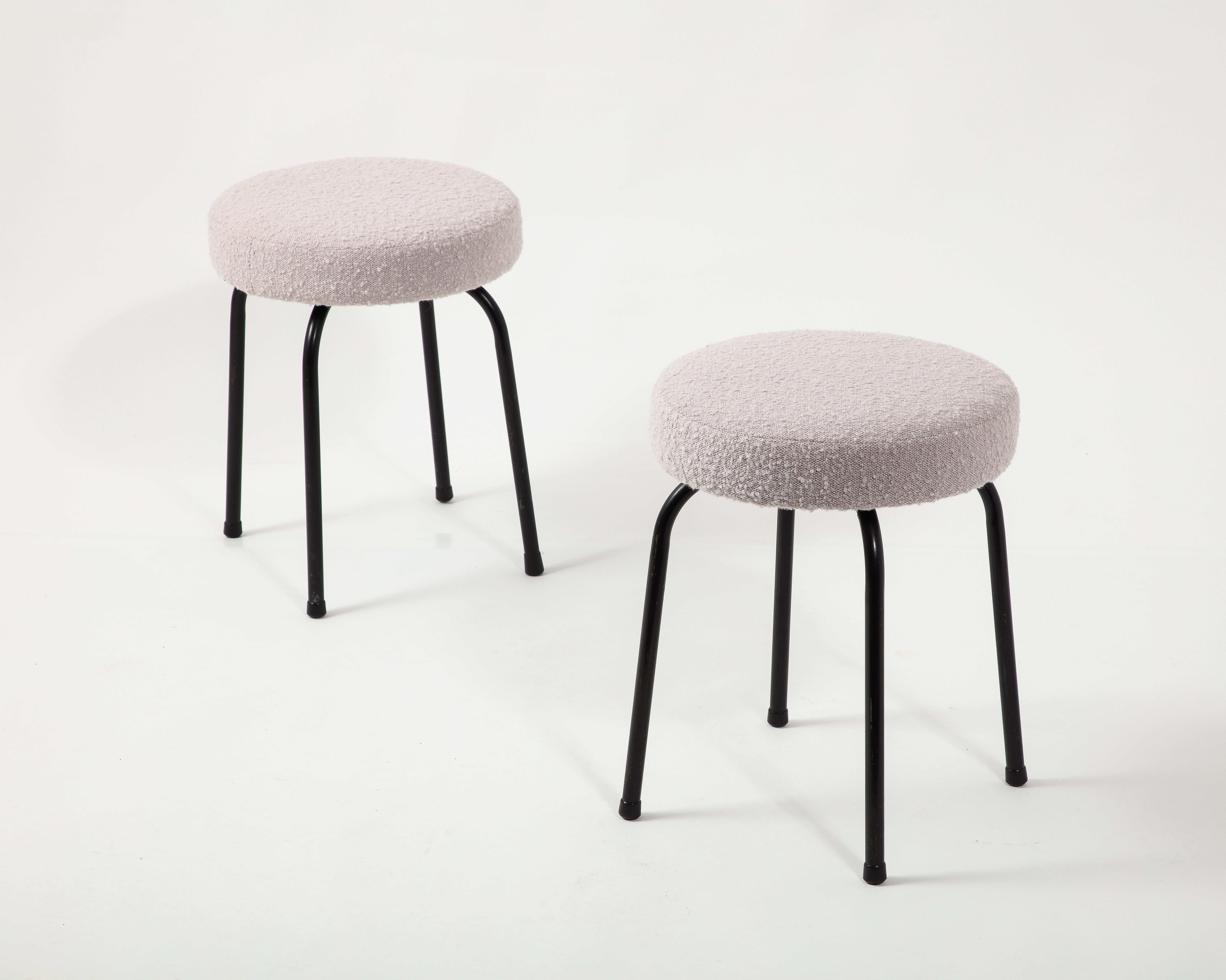 Pair of Boucle & Black Steel Stools, France 1950's For Sale 4