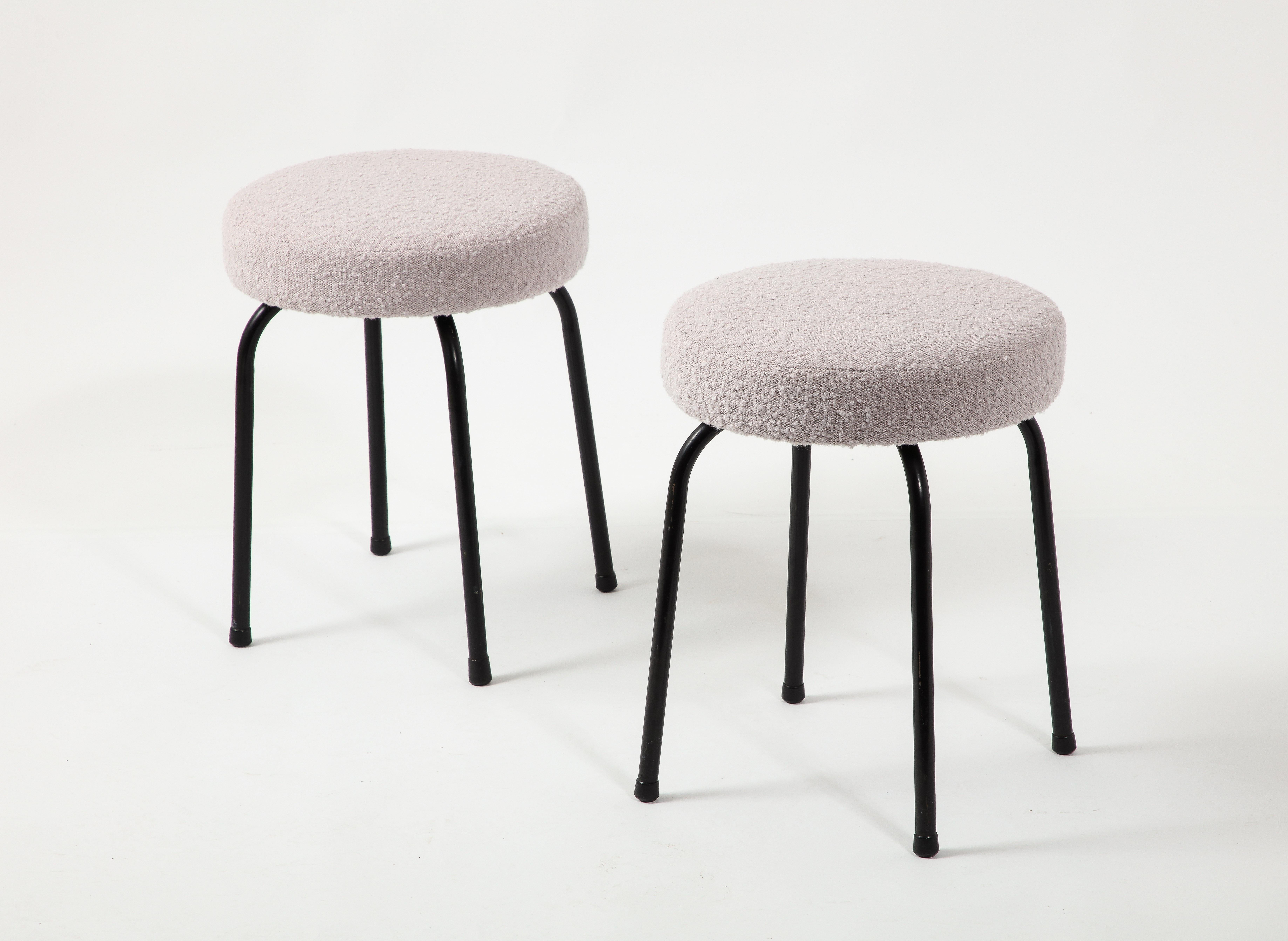 Pair of Boucle & Black Steel Stools, France 1950's For Sale 5