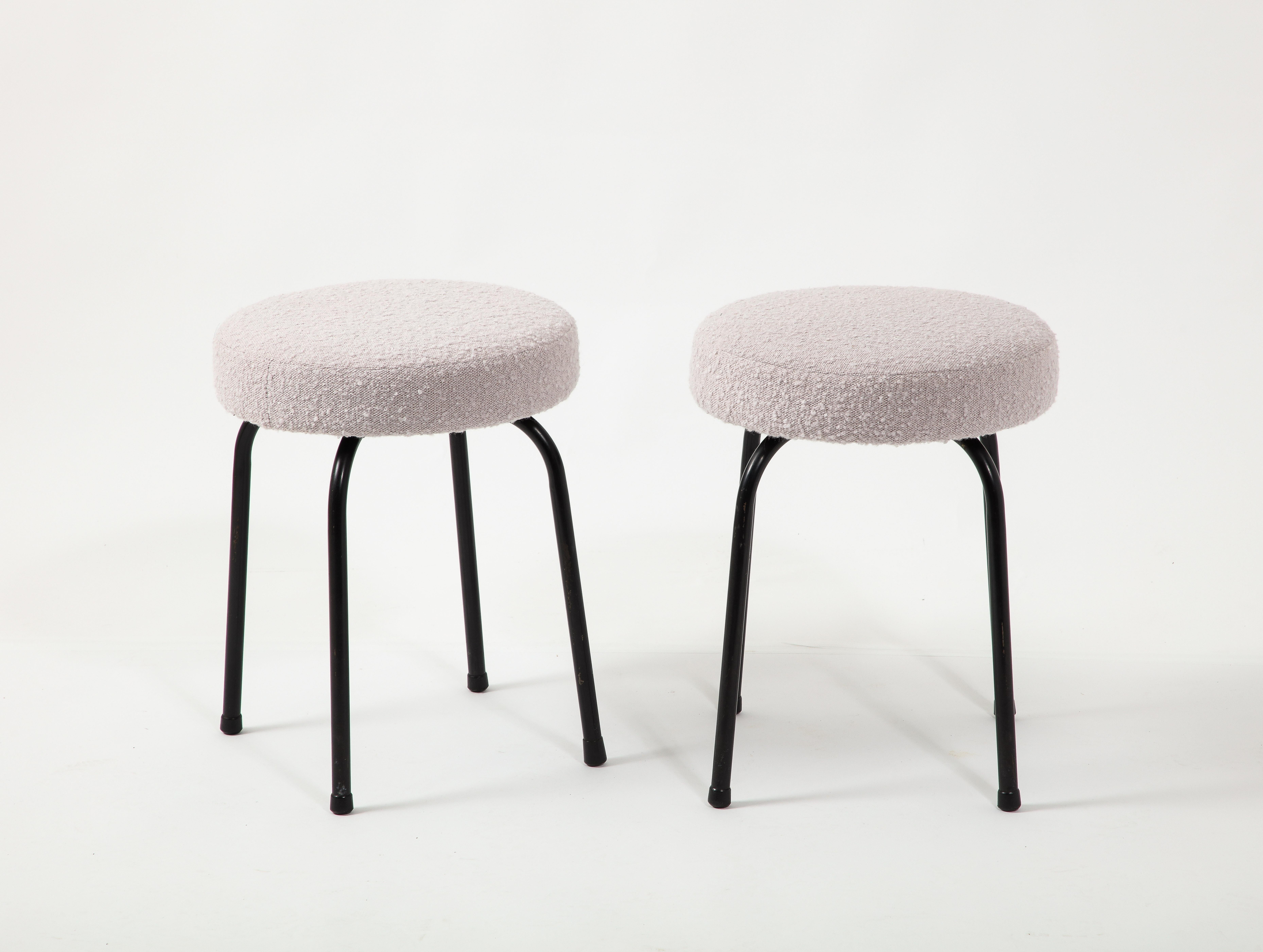 Mid-Century Modern Pair of Boucle & Black Steel Stools, France 1950's For Sale