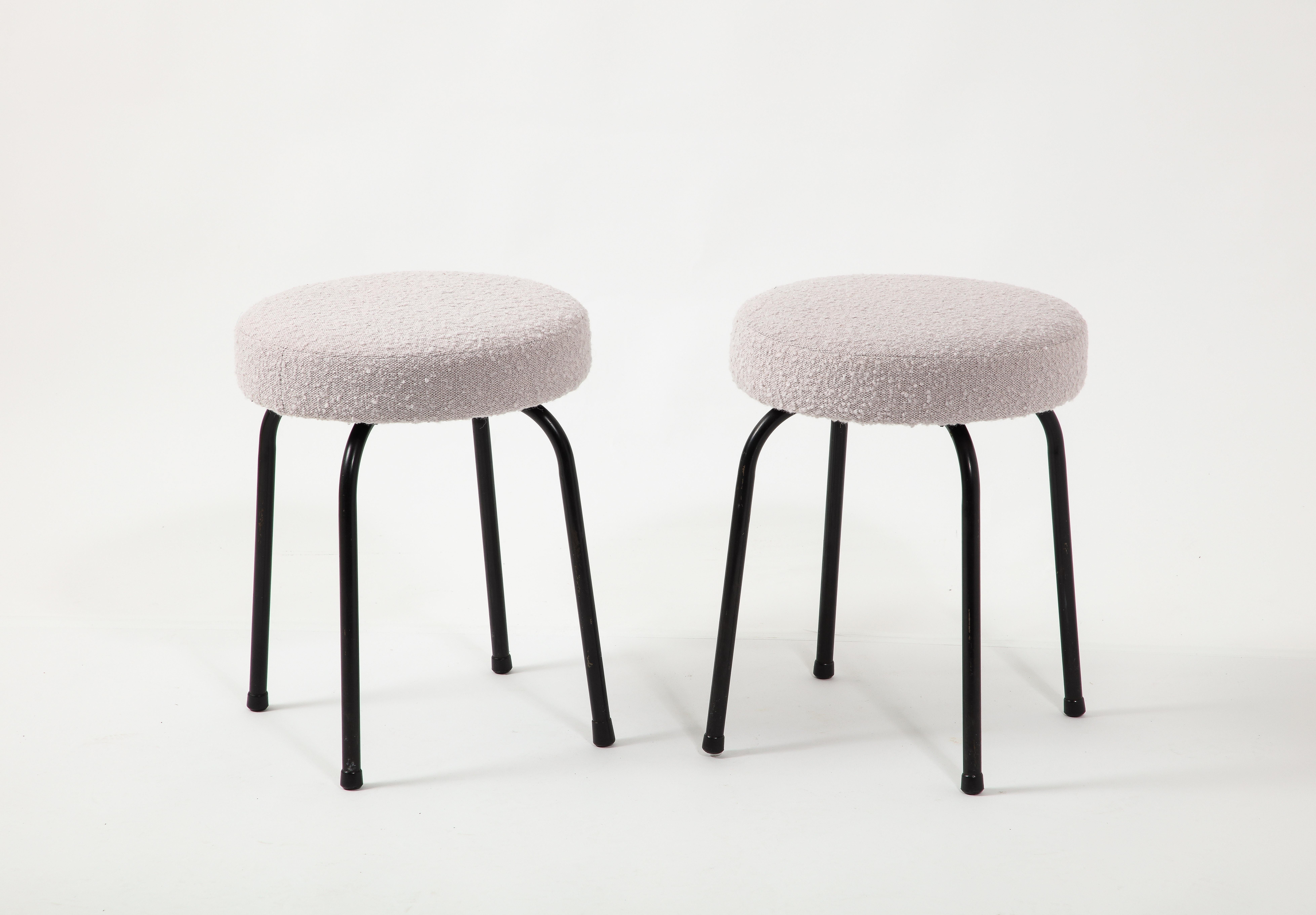 French Pair of Boucle & Black Steel Stools, France 1950's For Sale