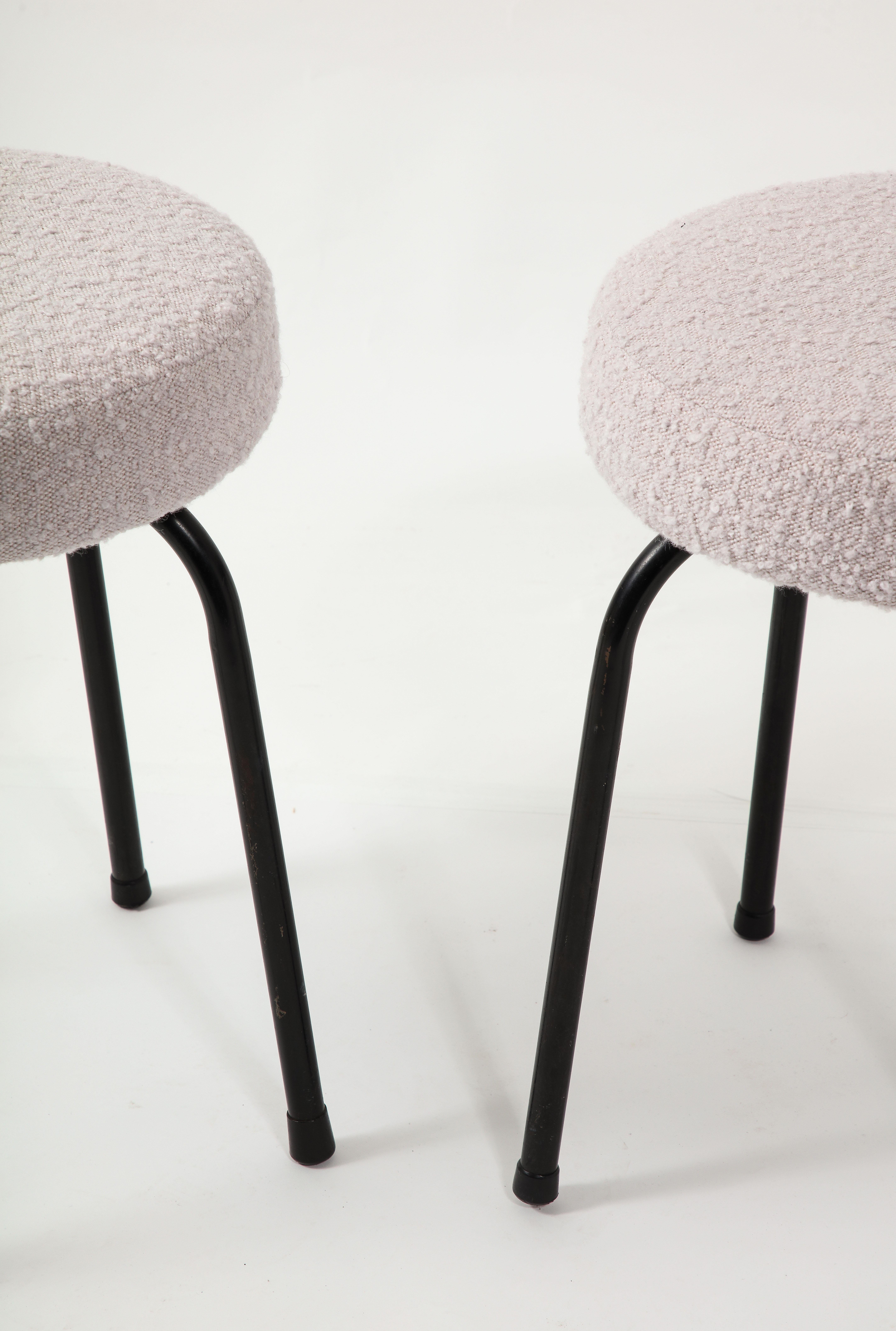 Pair of Boucle & Black Steel Stools, France 1950's In Good Condition For Sale In New York, NY