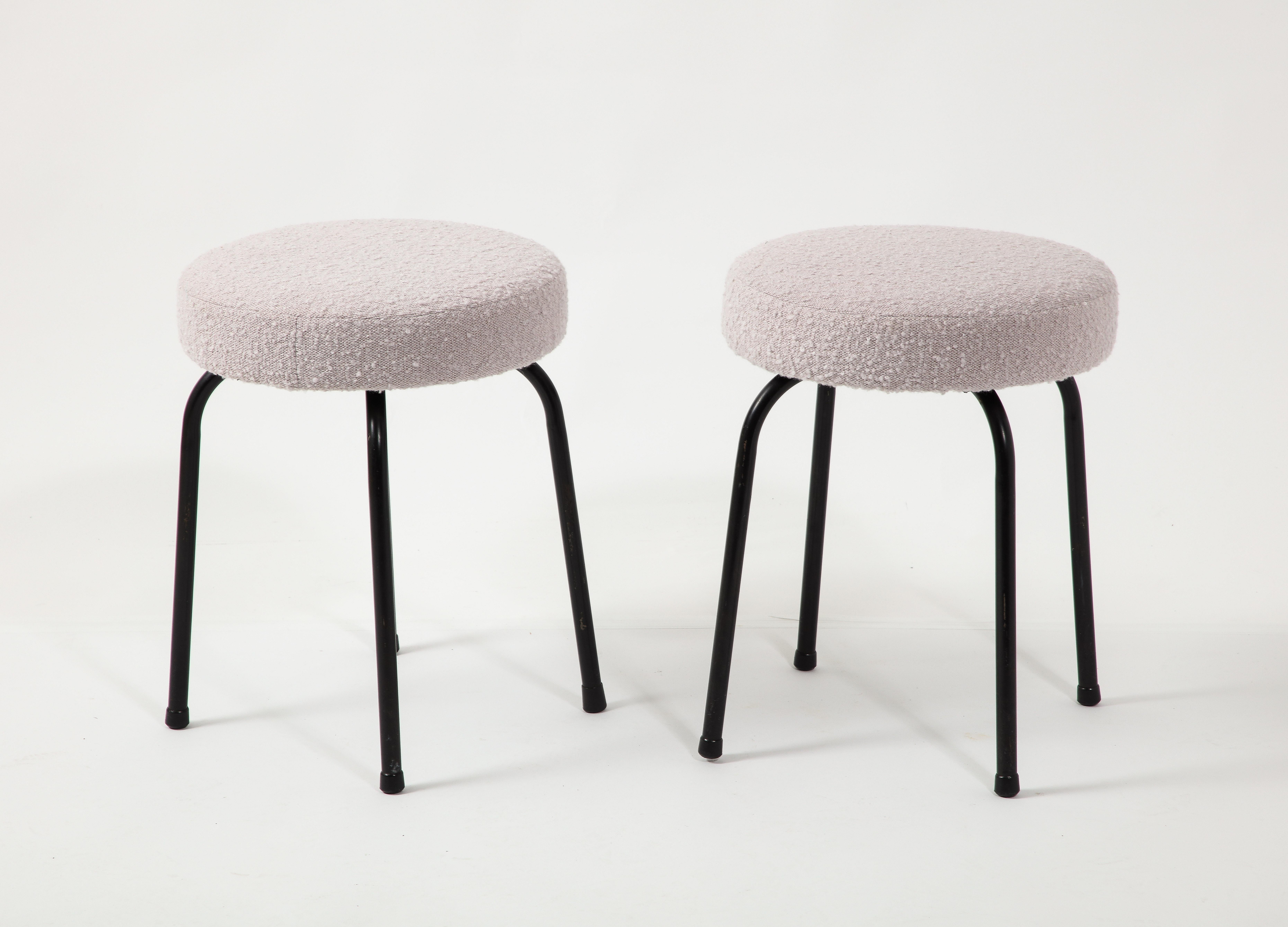 20th Century Pair of Boucle & Black Steel Stools, France 1950's For Sale