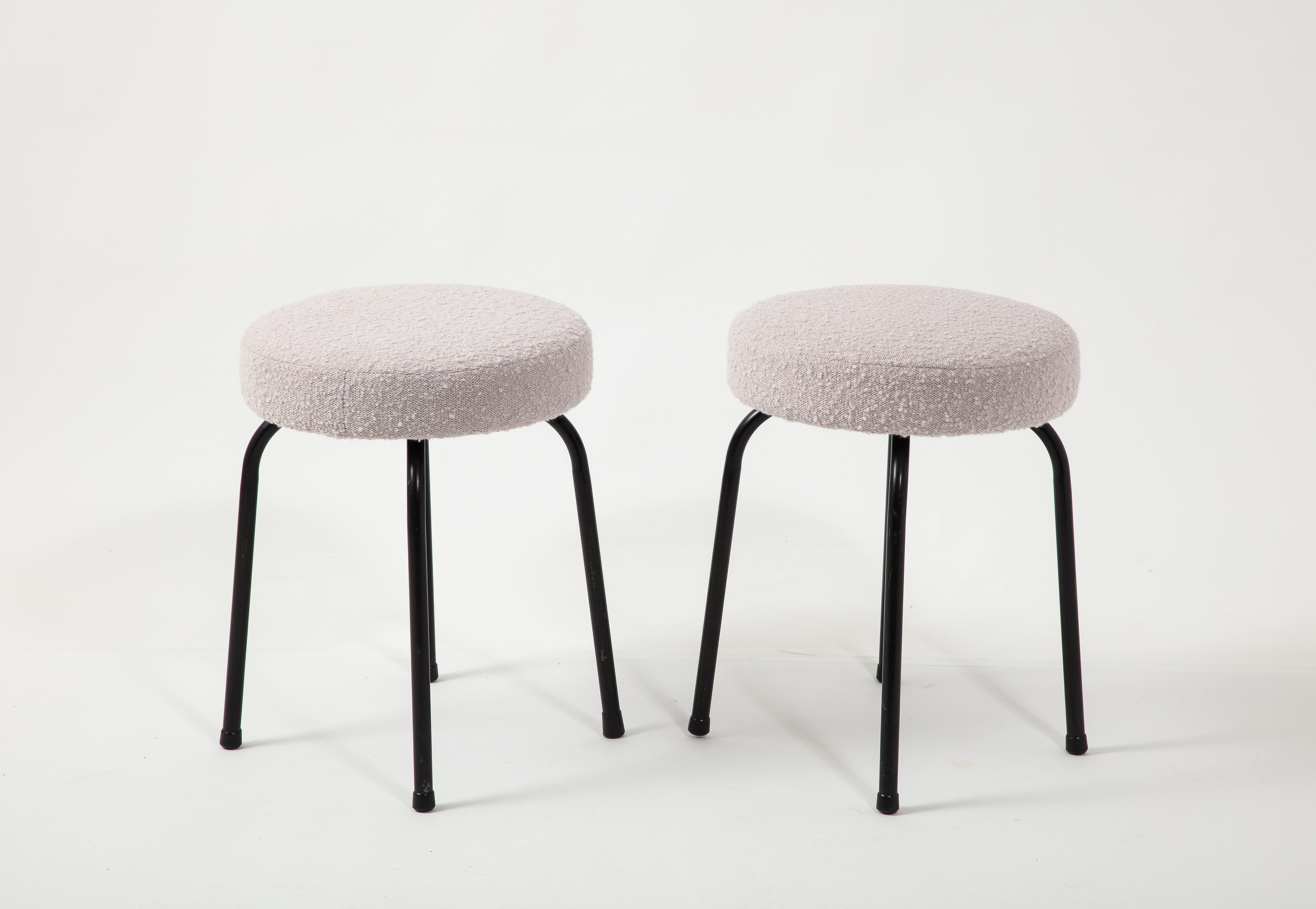 Pair of Boucle & Black Steel Stools, France 1950's For Sale 1