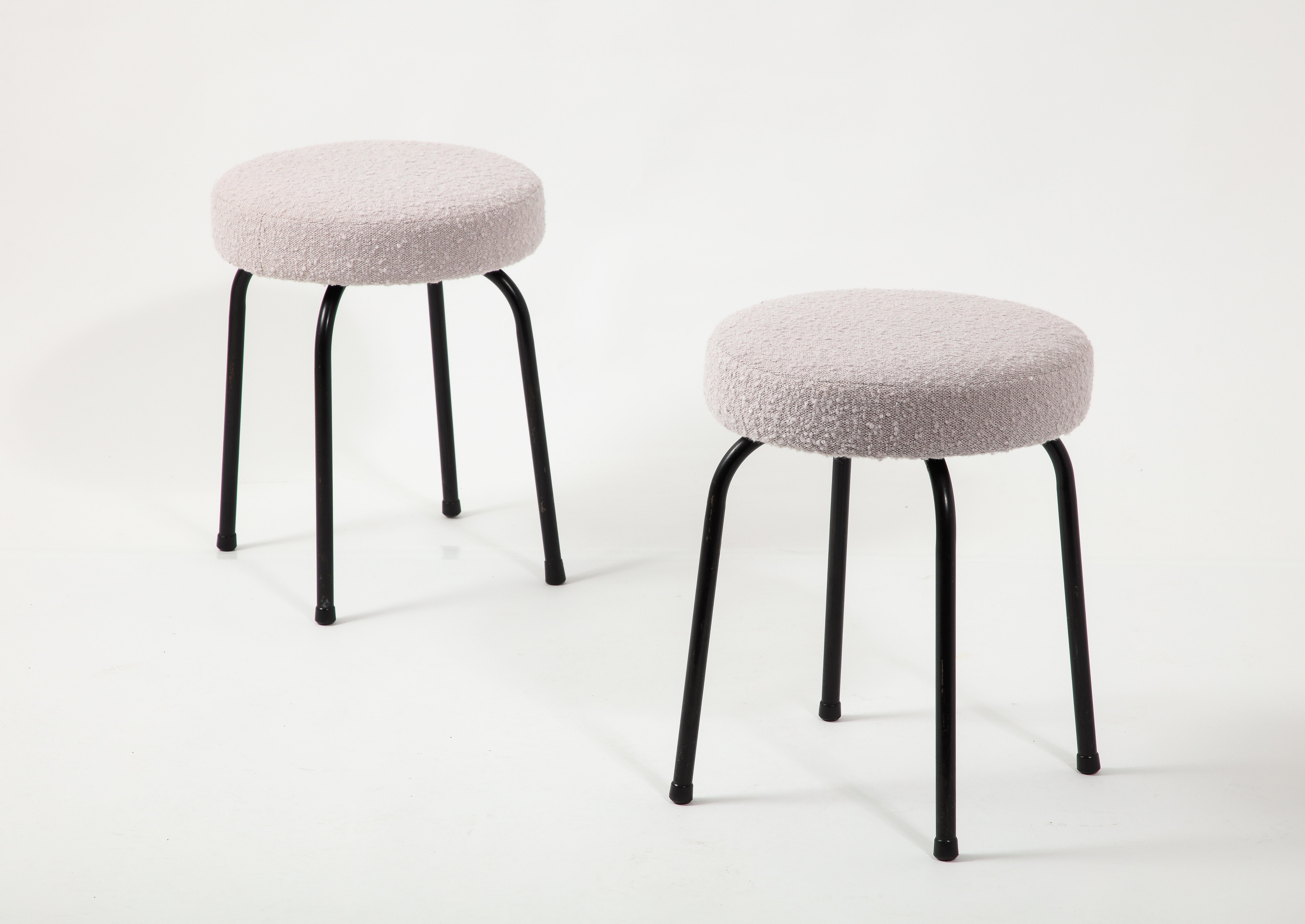 Pair of Boucle & Black Steel Stools, France 1950's For Sale 2