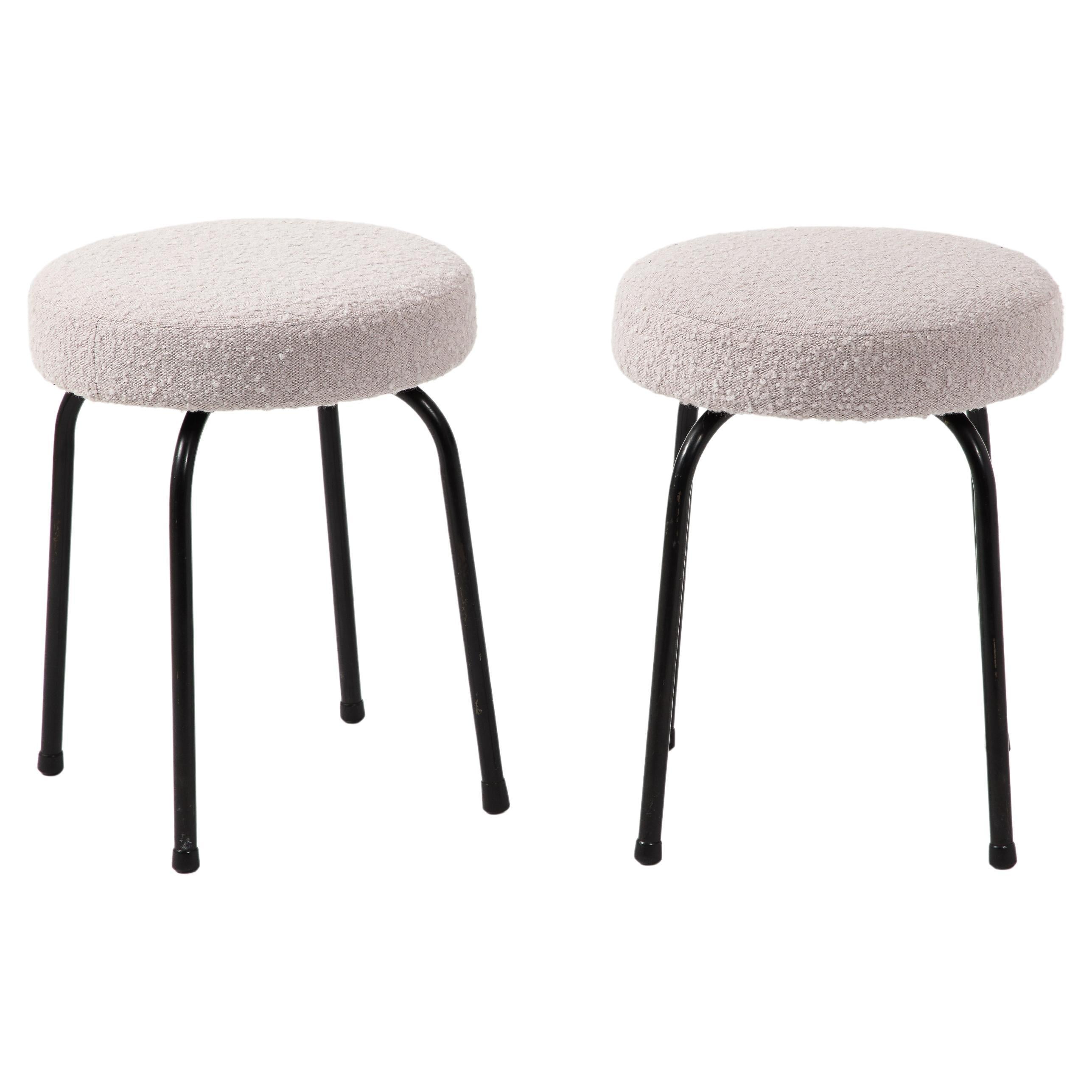 Pair of Boucle & Black Steel Stools, France 1950's For Sale