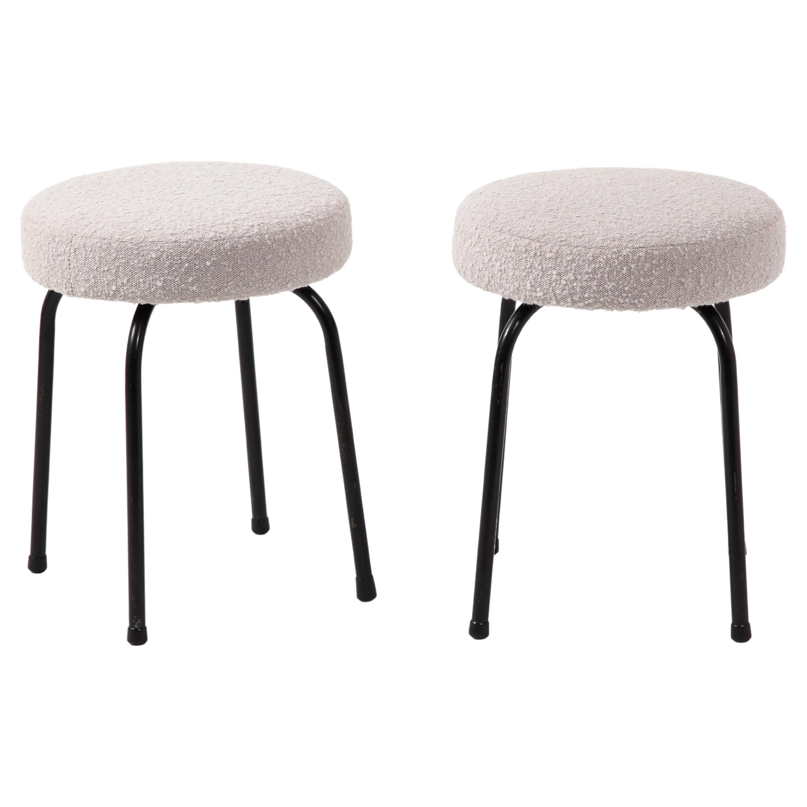 Pair of Boucle & Black Steel Stools, France 1950's