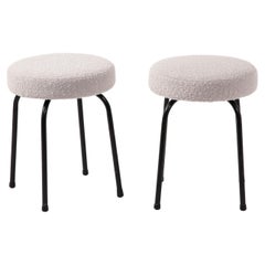 Vintage Pair of Boucle & Black Steel Stools, France 1950's