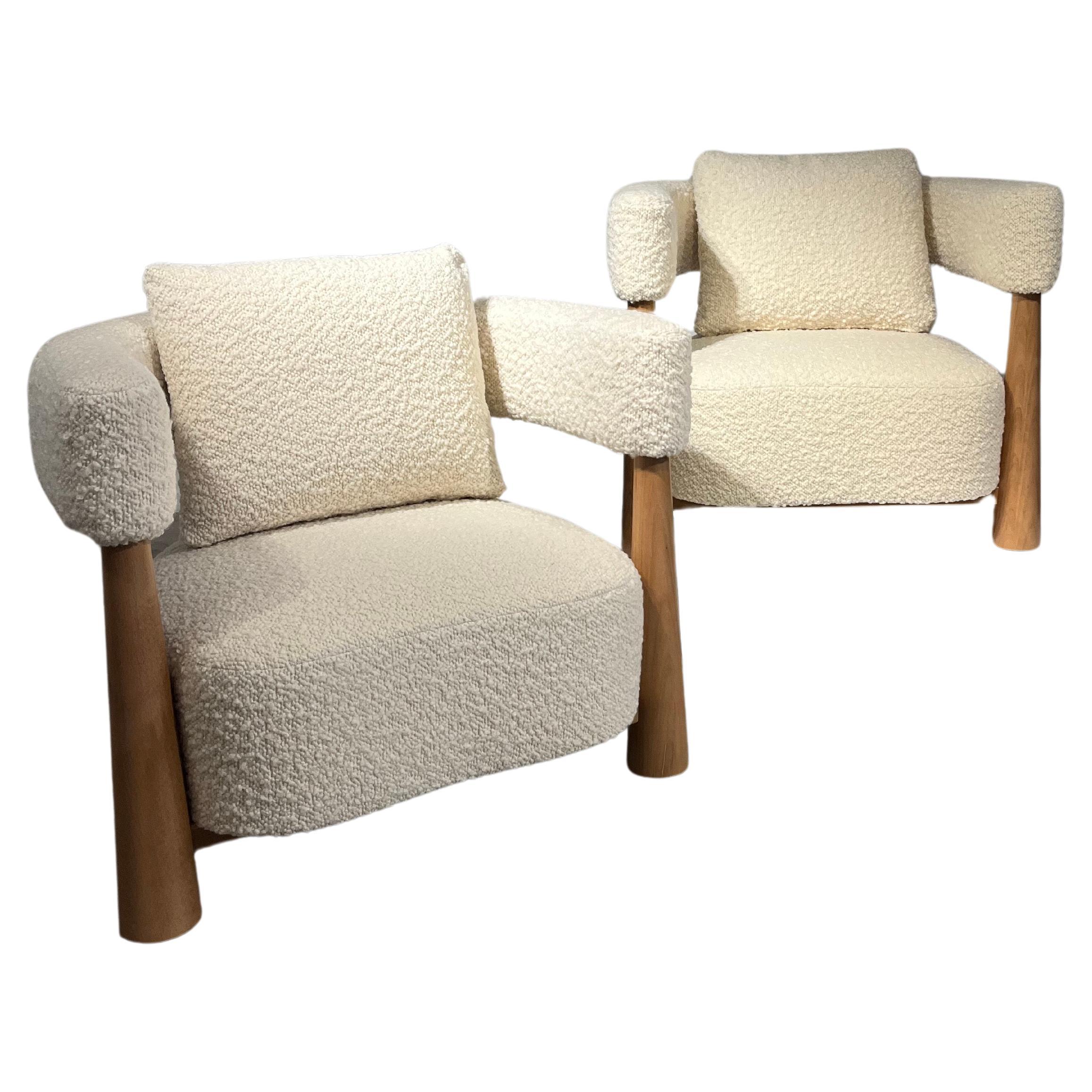 Pair of bouclette & light wood easy chairs For Sale