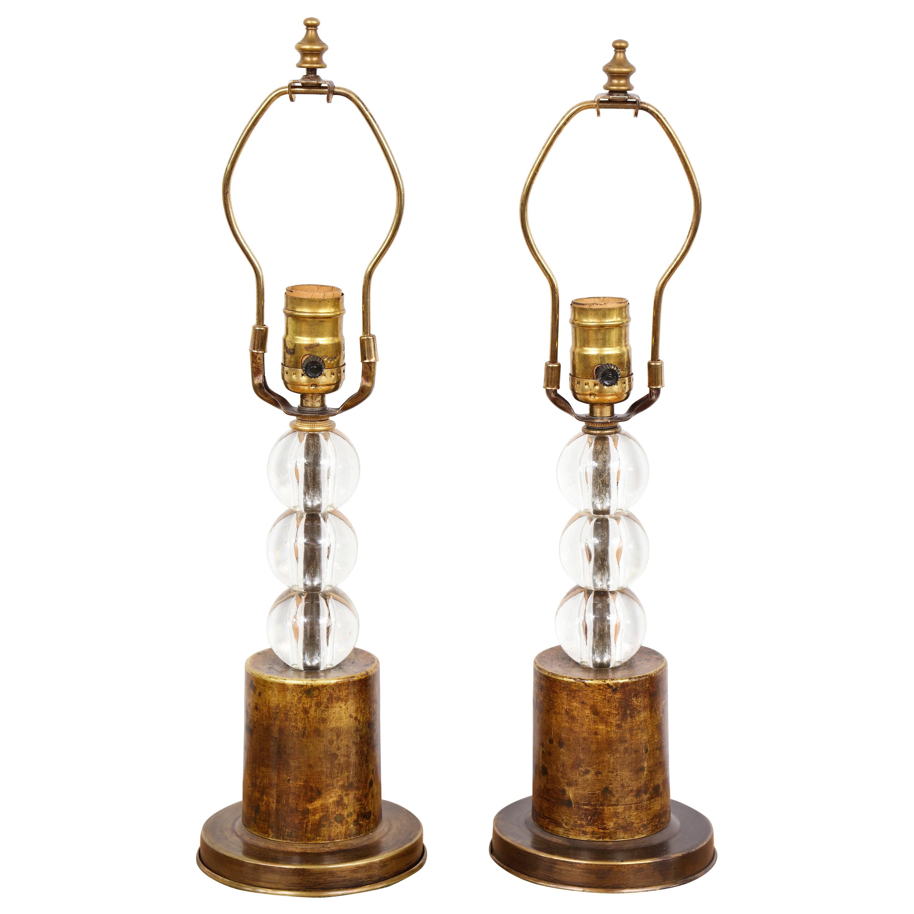 Pair of Boudoir Lamps with Crystal Orbs on Brass Base