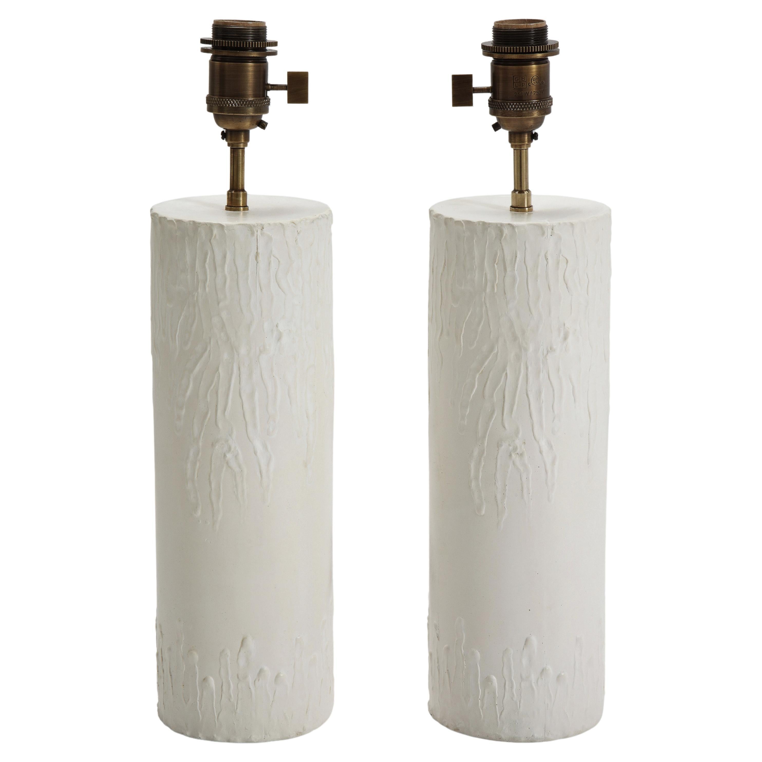 Pair of "Bougies" Cylindrical Hand-Plastered Table Lamps by Facto Atelier Paris For Sale