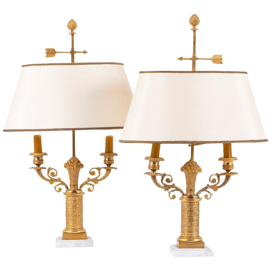 Pair of Bouillotte Lamps, Restoration Style, in Gilt Bronze, circa 1950