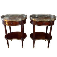 Pair of Bouillotte Tables with Marble Top, Brass Galleries and One Drawer
