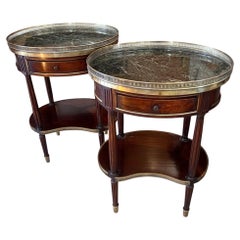 Pair of Bouillotte Tables with Marble Top, Brass Galleries and One Drawer