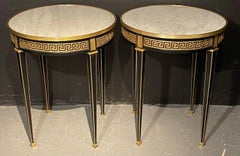 Pair of Bouliotte, End or Lamp Tables Hollywood Regency Style, Greek Key Mounted