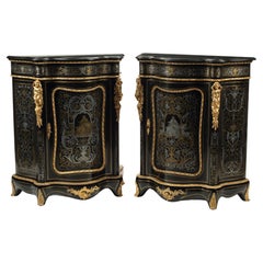 Pair of Boulle Inlay Cabinets with Marble Tops, 19th Century French