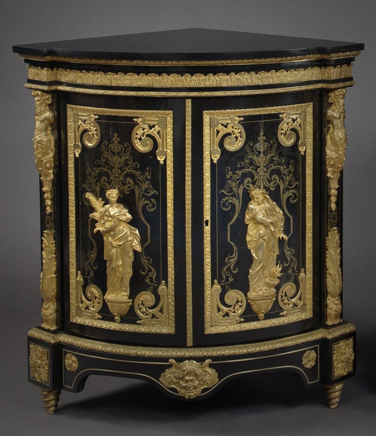 Louis XIV Pair of Boulle Marquetry Inlaid Corner Cabinets by Béfort Jeune, circa 1870 For Sale