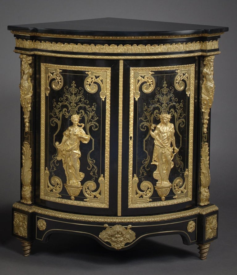 French Pair of Boulle Marquetry Inlaid Corner Cabinets by Béfort Jeune, circa 1870 For Sale