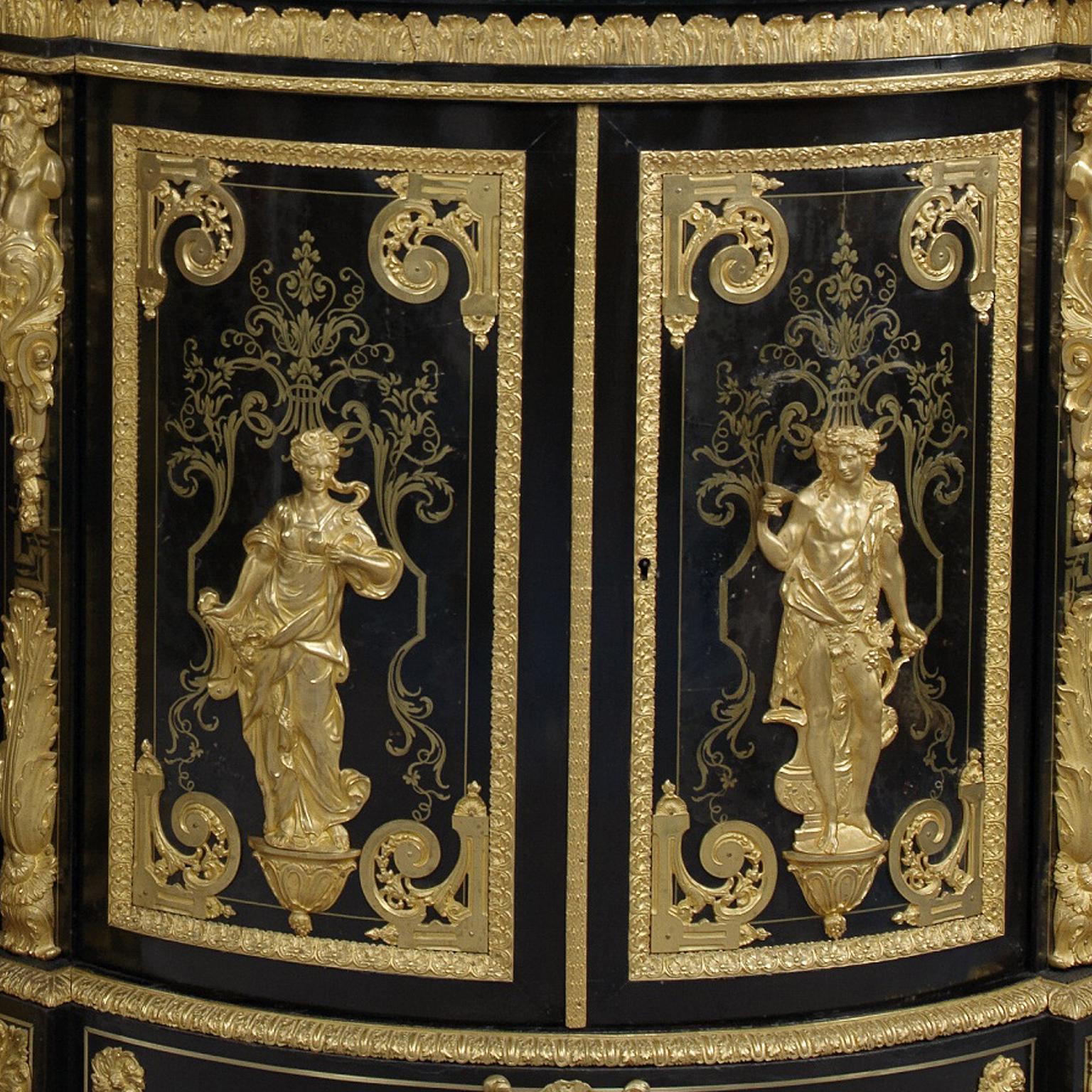 Paar Boulle-Eckschränke mit Intarsien von Béfort Jeune, um 1870 (Vergoldet) im Angebot