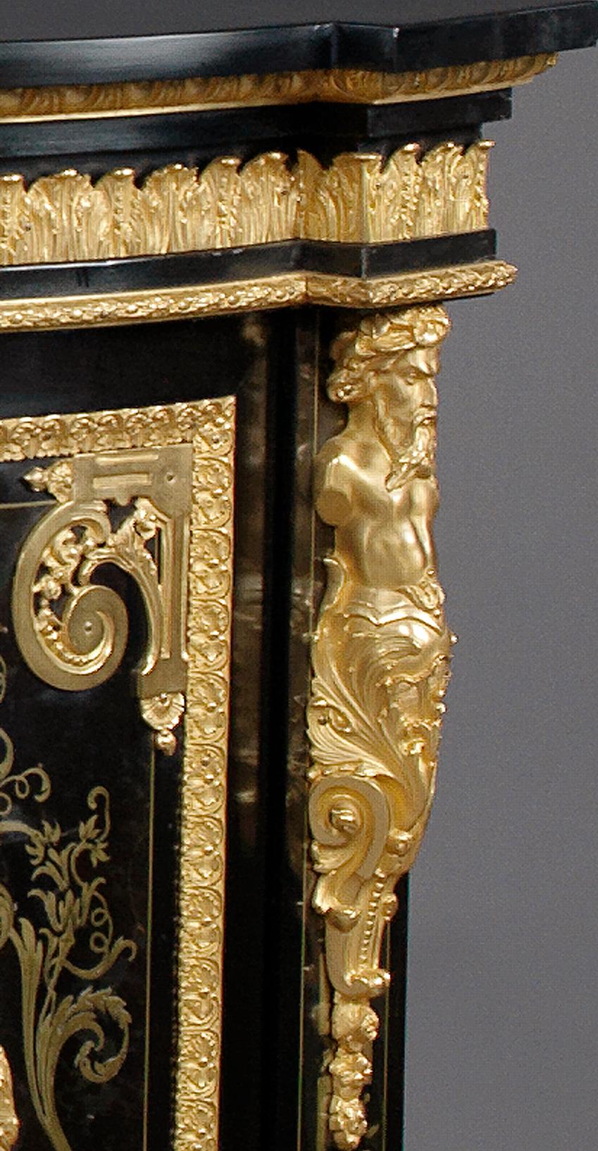 Gilt Pair of Boulle Marquetry Inlaid Corner Cabinets by Béfort Jeune, circa 1870 For Sale