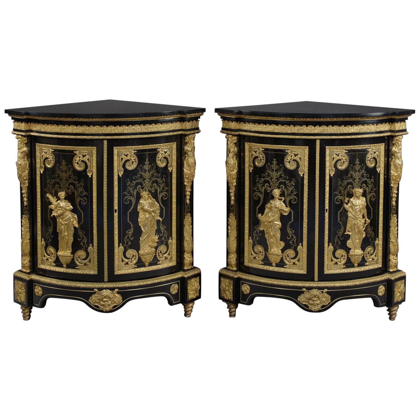 Pair of Boulle Marquetry Inlaid Corner Cabinets by Béfort Jeune, circa 1870