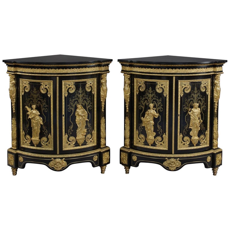 Pair of Boulle Marquetry Inlaid Corner Cabinets by Béfort Jeune, circa 1870 For Sale